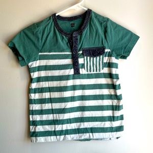 Tea boys green and white striped collared shirt